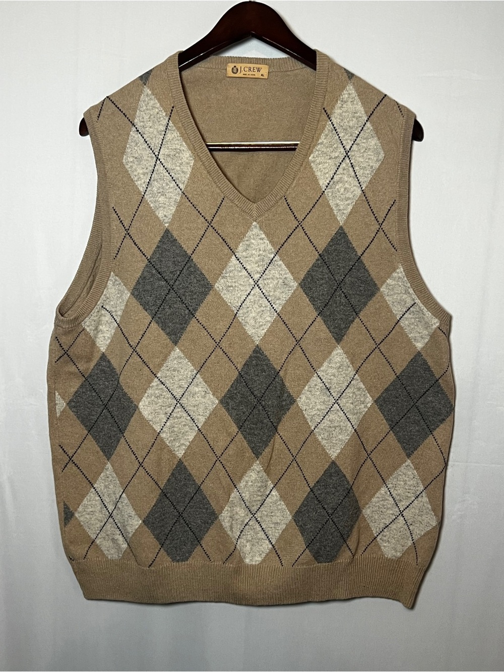 VTG J.CREW Cotton Cashmere Knit Argyle V-Neck Sweater Vest Beige Gray Men’s XL